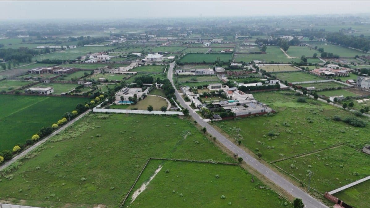 Aerial view of the community and neighbouring farmhouses