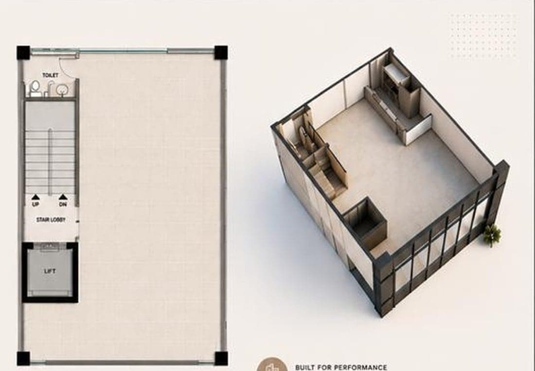 NSIT Pulse 2nd to 4th typical floor plan and 3D layout — uniform 1,125 sq.ft plate with a central service core and large openings