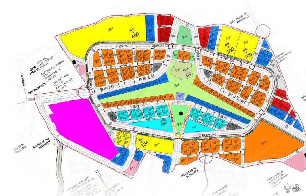 CBD NSIT City masterplan zoned by district — Education Sector (EDU 1–4), Central Park & Open Spaces (PCO), FCI Institutional Zone, CBD Administrative District, NSIT Pulse retail boulevard, mixed-use plots and grid stations