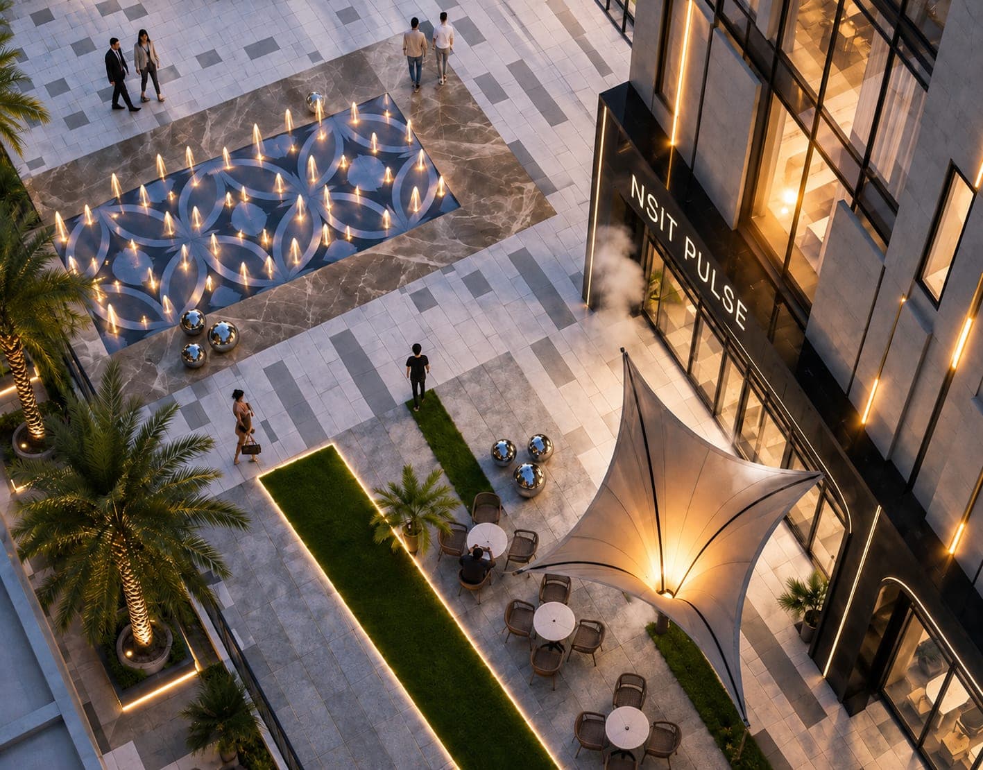 NSIT Pulse illuminated signage over the landscaped courtyard with al fresco dining at dusk