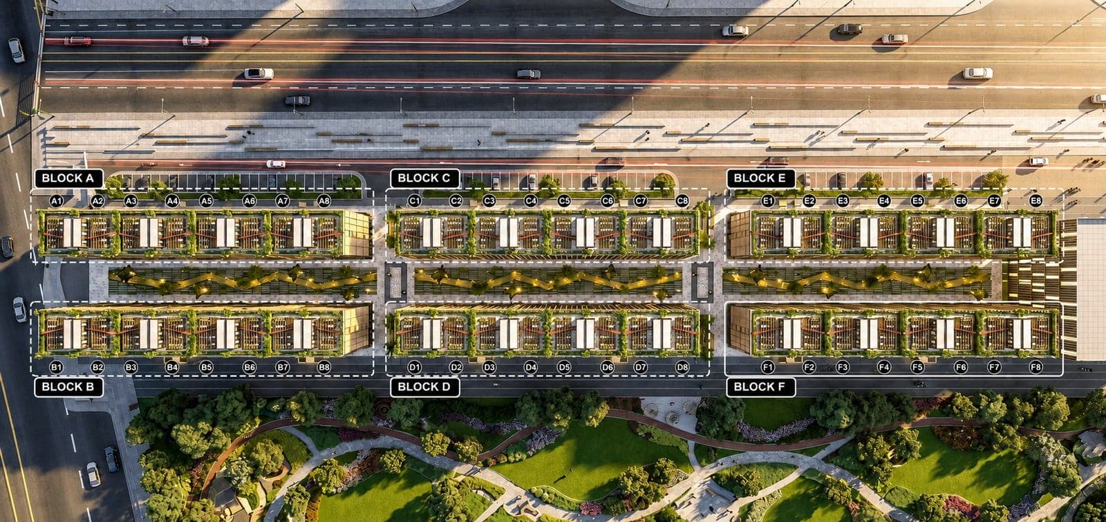 NSIT Pulse unit allocation plan — 6 retail blocks A to F, 8 units per block (A1–A8 through F1–F8), fronting the 250 ft main boulevard and overlooking the courtyard park